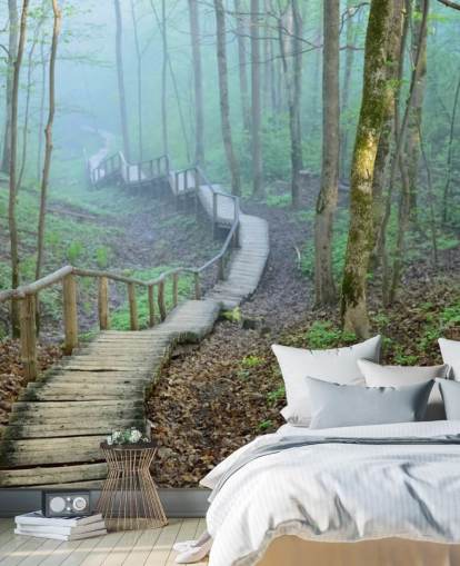 carta da parati murale personalizzata verde e marrone con boschi forestali chiamata Foggy Forest Stairway