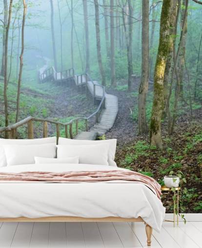 mural de papel pintado de bosque personalizado verde y marrón llamado Foggy Forest Stairway