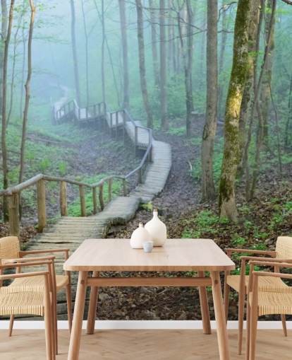 papier peint mural personnalisé en bois vert et marron appelé Foggy Forest Stairway