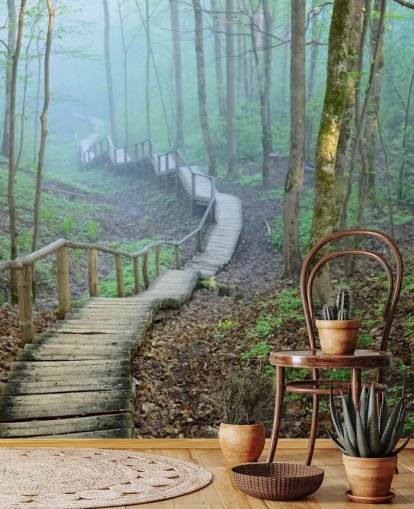 papier peint mural personnalisé en bois vert et marron appelé Foggy Forest Stairway papier peint mural personnalisé en bois vert et marron appelé Foggy Forest Stairway