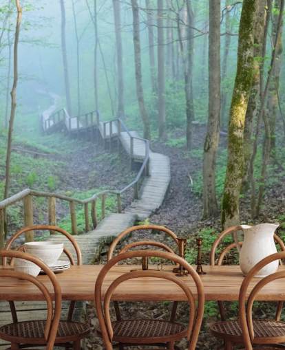 mural de papel pintado de bosque personalizado verde y marrón llamado Foggy Forest Stairway