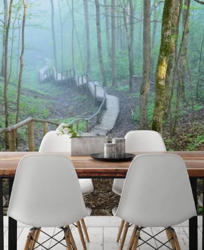 green and brown custom forest woodland wallpaper mural called Foggy Forest Stairway
