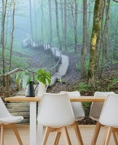Grünes und braunes kundenspezifisches Wald-Wald-Tapeten-Wandbild namens Foggy Forest Stairway Grünes und braunes kundenspezifisches Wald-Wald-Tapeten-Wandbild namens Foggy Forest Stairway