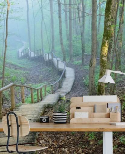 green and brown custom forest woodland wallpaper mural called Foggy Forest Stairway
