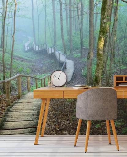 grön och brun anpassad skogsmark tapetväggmålning kallad Foggy Forest Stairway grön och brun anpassad skogsmark tapetväggmålning kallad Foggy Forest Stairway