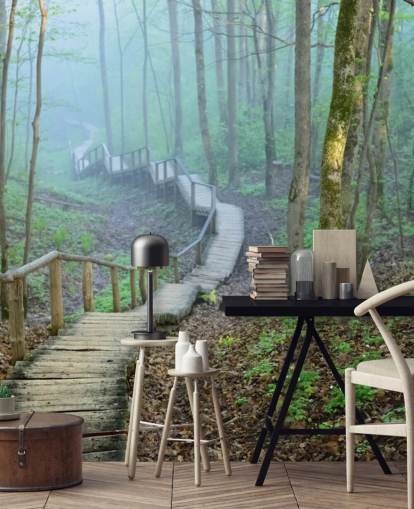green and brown custom forest woodland wallpaper mural called Foggy Forest Stairway