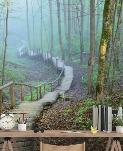 vihreä ja ruskea mukautettu metsämetsän taustakuvamaalaus nimeltä Foggy Forest Stairway