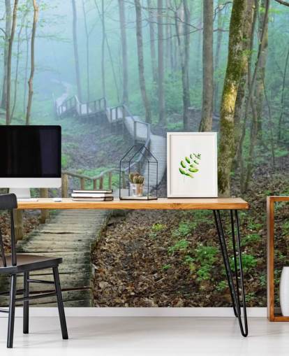 groene en bruine op maat gemaakte bosbehangmuurschildering genaamd Foggy Forest Stairway