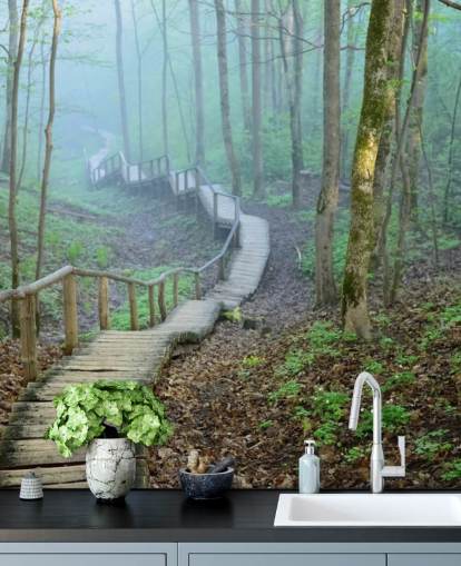 mural de papel pintado de bosque personalizado verde y marrón llamado Foggy Forest Stairway mural de papel pintado de bosque personalizado verde y marrón llamado Foggy Forest Stairway