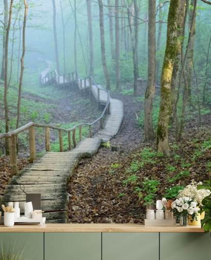 grønt og brunt tilpasset skogskogstapetveggmaleri kalt Foggy Forest Stairway