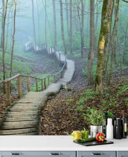 green and brown custom forest woodland wallpaper mural called Foggy Forest Stairway green and brown custom forest woodland wallpaper mural called Foggy Forest Stairway