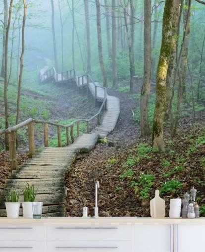 Grünes und braunes kundenspezifisches Wald-Wald-Tapeten-Wandbild namens Foggy Forest Stairway