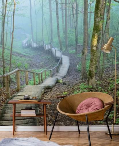 carta da parati murale personalizzata verde e marrone con boschi forestali chiamata Foggy Forest Stairway