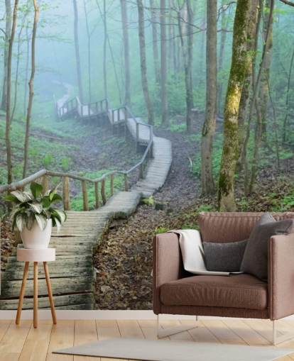 papier peint mural personnalisé en bois vert et marron appelé Foggy Forest Stairway
