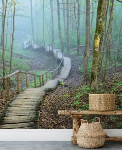 grøn og brun brugerdefineret skovskov tapetmaleri kaldet Foggy Forest Stairway grøn og brun brugerdefineret skovskov tapetmaleri kaldet Foggy Forest Stairway