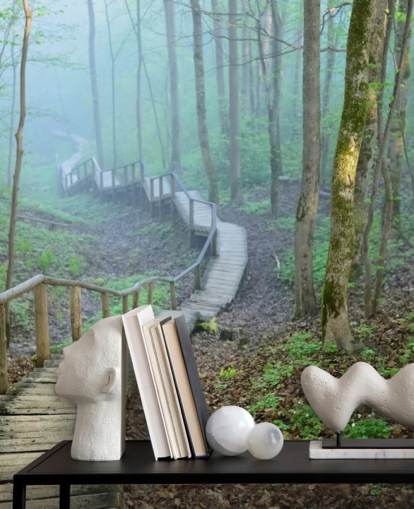 green and brown custom forest woodland wallpaper mural called Foggy Forest Stairway