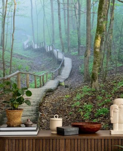 papier peint mural personnalisé en bois vert et marron appelé Foggy Forest Stairway