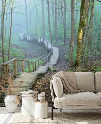 mural de papel pintado de bosque personalizado verde y marrón llamado Foggy Forest Stairway