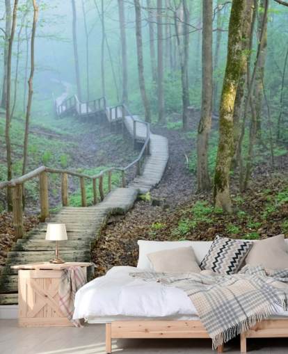 green and brown custom forest woodland wallpaper mural called Foggy Forest Stairway