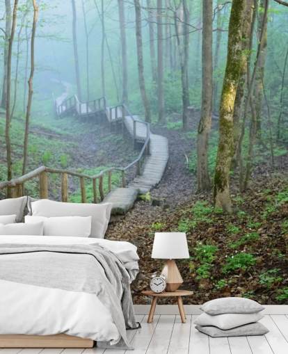 green and brown custom forest woodland wallpaper mural called Foggy Forest Stairway