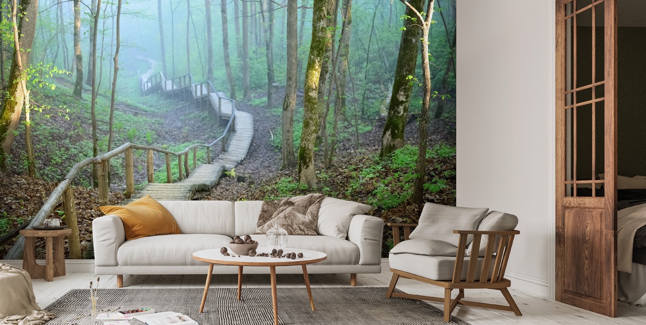 Foggy Forest Stairway Wall Mural Wallsauce UK