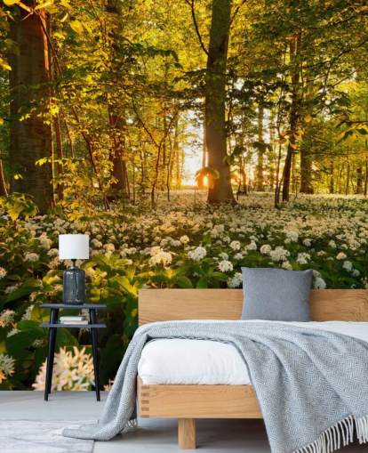 grüne, individuell gestaltbare Wald-Wandtapete mit dem Titel Beautiful Sunlit Forest für Schlafzimmer und Wohnzimmer