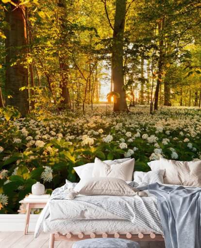 groene aanpasbare bosbehangmuurschildering genaamd Beautiful Sunlit Forest voor slaapkamers en woonkamers