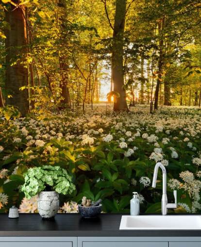 grønt tilpasseligt skovtapet vægmaleri kaldet Beautiful Sunlit Forest til soveværelser og stuer