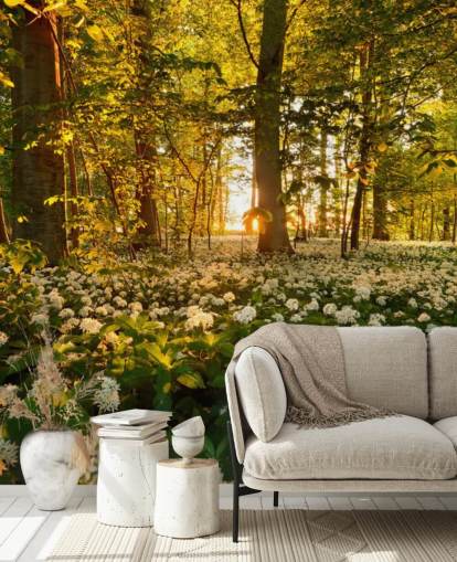 green customisable forest wallpaper mural called Beautiful Sunlit Forest for bedrooms and living rooms