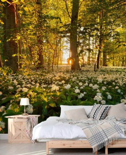 green customisable forest wallpaper mural called Beautiful Sunlit Forest for bedrooms and living rooms