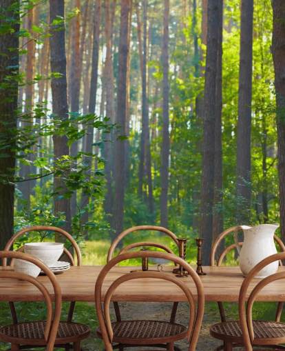 green custom forest wallpaper mural called Forest Sunrise for living rooms or bedrooms