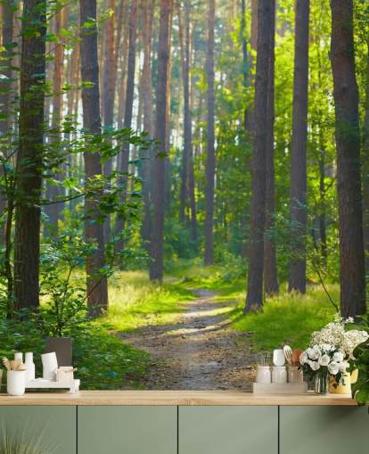 green custom forest wallpaper mural called Forest Sunrise for living rooms or bedrooms