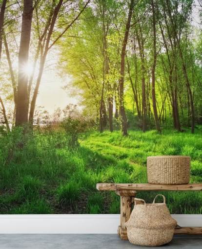 Grüner sonniger Wald Tapete