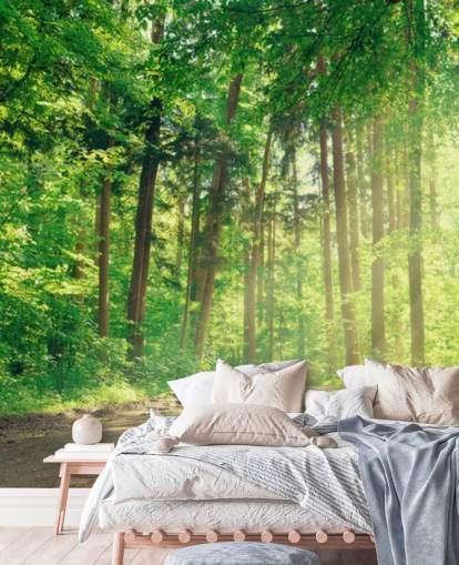 grön anpassad trä tapet kallad Forest Track Sunlight för vardagsrum eller kontor 