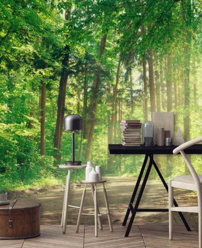 green custom woods wallpaper called Forest Track Sunlight for living rooms or offices 