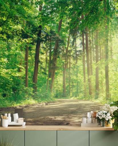 green custom woods wallpaper called Forest Track Sunlight for living rooms or offices 