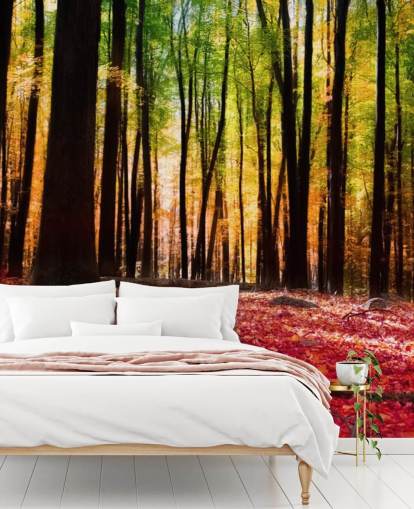 red woodland wallpaper mural called Colorful Autumn Forest for care homes