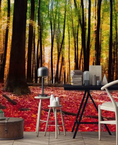 Rotes Wald-Tapeten-Wandbild mit dem Titel Farbenfroher Herbstwald für Pflegeheime