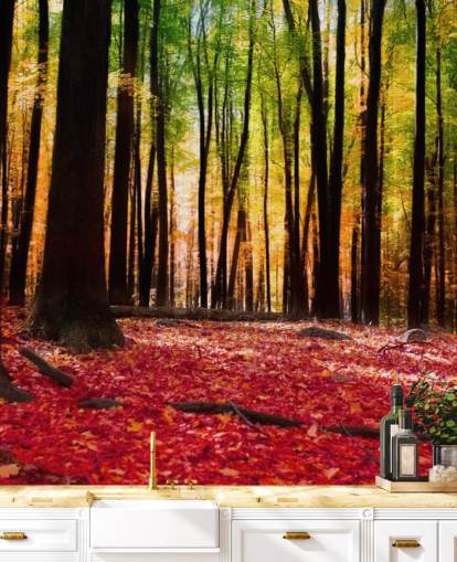 red woodland wallpaper mural called Colourful Autumn Forest for care homes