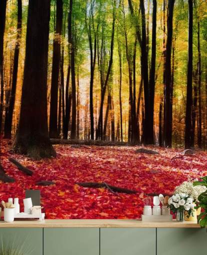 mural de papel pintado de un bosque rojo llamado Colourful Autumn Forest para residencias de ancianos