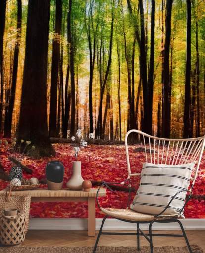 rode bosbehangmuurschildering genaamd Colourful Autumn Forest voor verzorgingstehuizen