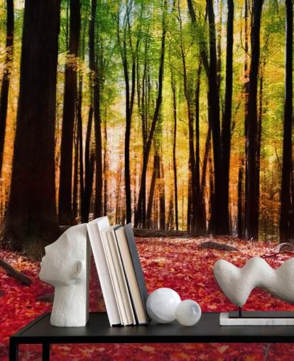 carta da parati murale con boschi rossi chiamata Colourful Autumn Forest per case di cura