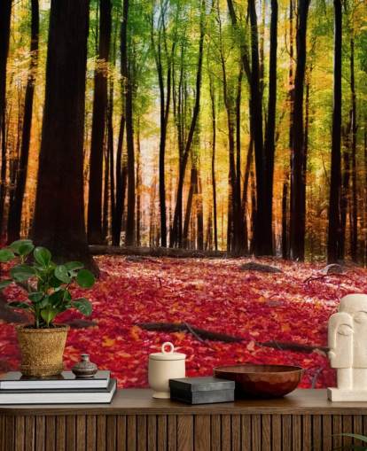 rode bosbehangmuurschildering genaamd Colourful Autumn Forest voor verzorgingstehuizen