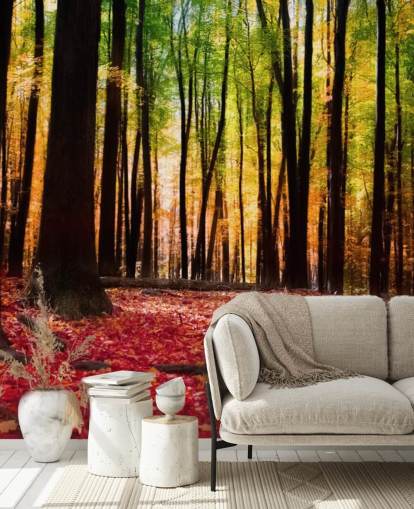 mural de papel pintado de un bosque rojo llamado Colourful Autumn Forest para residencias de ancianos
