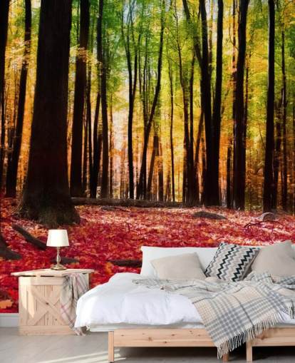 red woodland wallpaper mural called Colorful Autumn Forest for care homes
