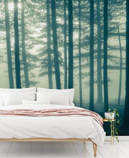 mural de papel pintado de bosque oscuro llamado Foggy Forest para dormitorios, oficinas y más