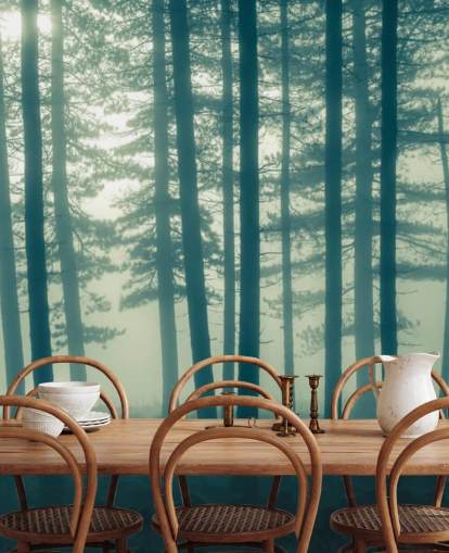 mural de papel pintado de bosque oscuro llamado Foggy Forest para dormitorios, oficinas y más