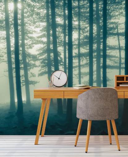 mörk skog tapetväggmålning kallad Foggy Forest för sovrum, kontor och mer