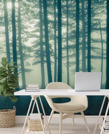 mural de papel pintado de bosque oscuro llamado Foggy Forest para dormitorios, oficinas y más