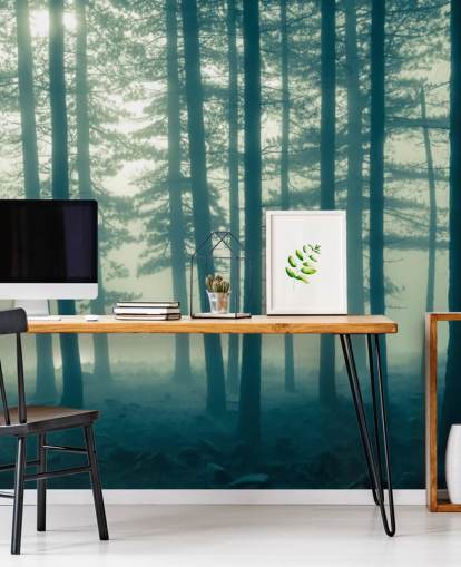 carta da parati murale Dark Forest chiamata Foggy Forest per camere da letto, uffici e altro